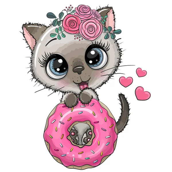 Lindo Gatito Dibujos Animados Con Rosquilla Sobre Fondo Blanco — Vector de stock