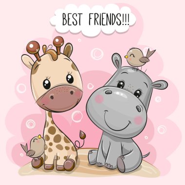 Pembe arka planda şirin çizgi film Hippo ve zürafa