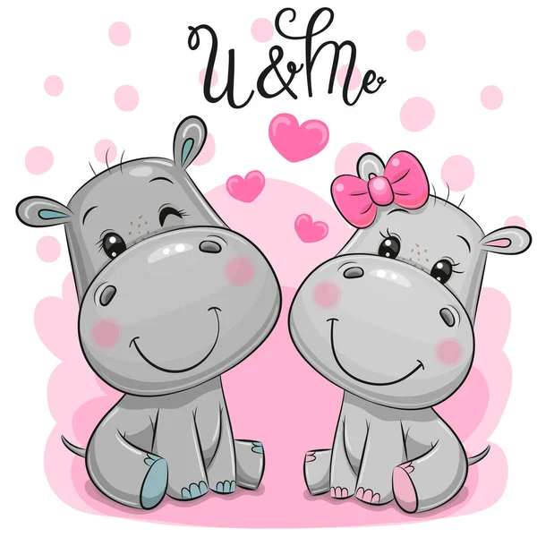 Two Cute Cartoon Hippos Pink Background — Stock Vector