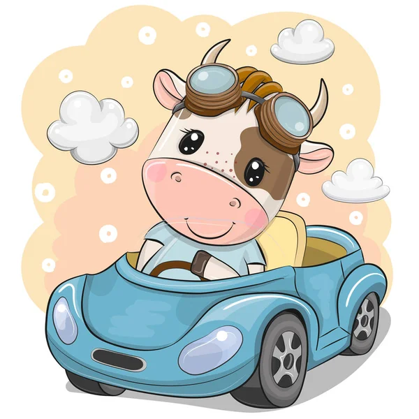 Χαριτωμένο Cartoon Bull Γυαλιά Πηγαίνει Ένα Μπλε Αυτοκίνητο — Διανυσματικό Αρχείο