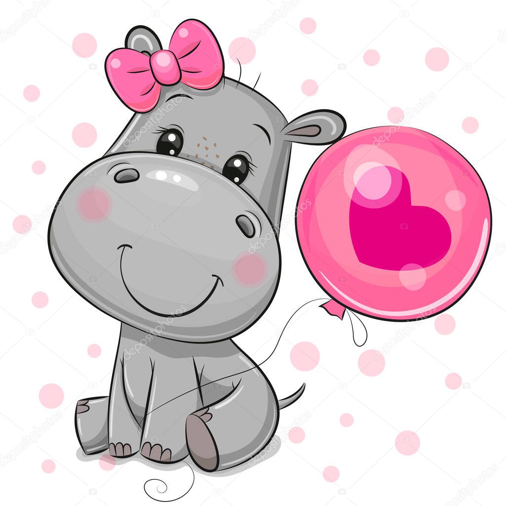 Cute Cartoon Hippo girl with pink balloon on a white background