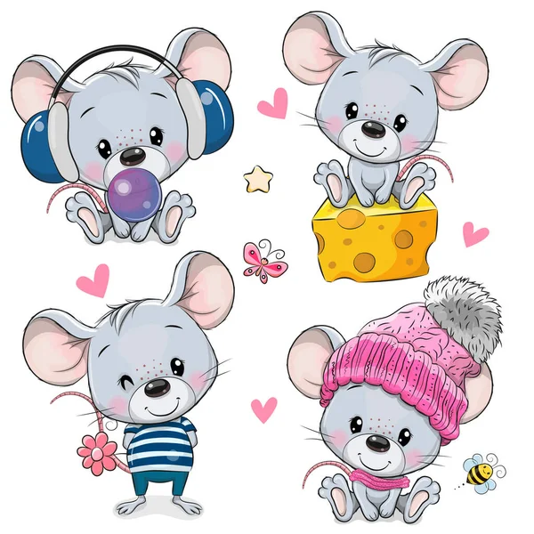 Set Cute Cartoon Mouses Isolated White Background — Stock Vector