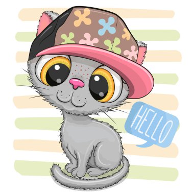 Çizgili arka planda pembe şapkalı şirin çizgi film kedisi.