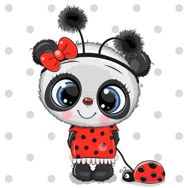 Dibujos Animados Linda Chica Oso Panda Traje Mariquita Mariquita — Vector de stock