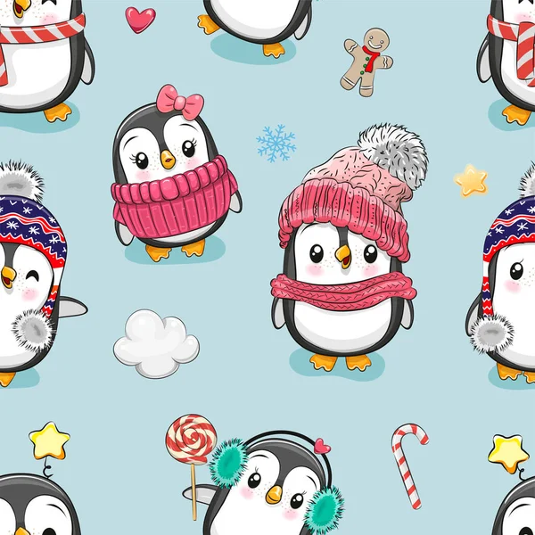 Naadloos Patroon Met Leuke Cartoon Pinguïns — Stockvector