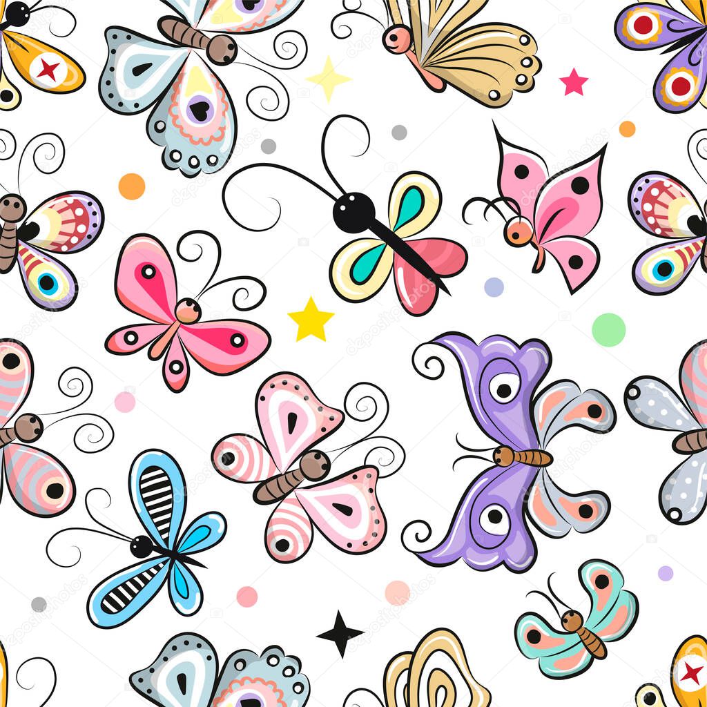 Seamless Pattern with cute cartoon butterflies