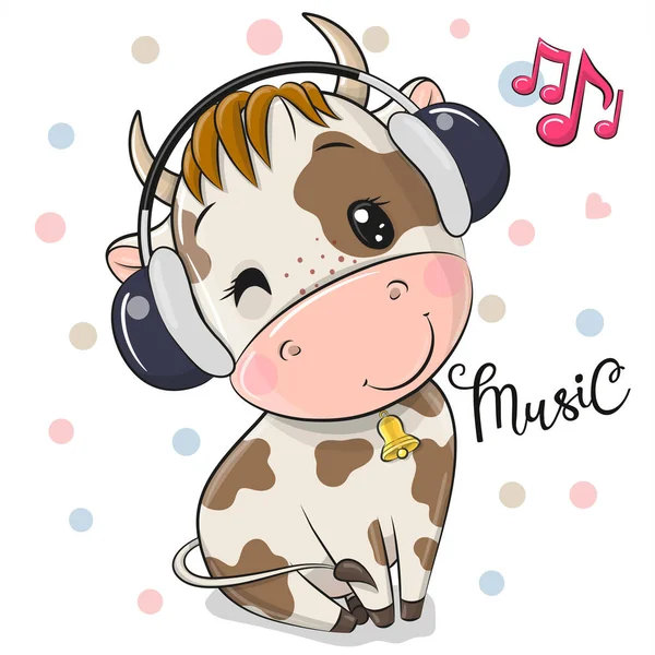 Cute Cartoon Bull Headphones White Background — Stock Vector