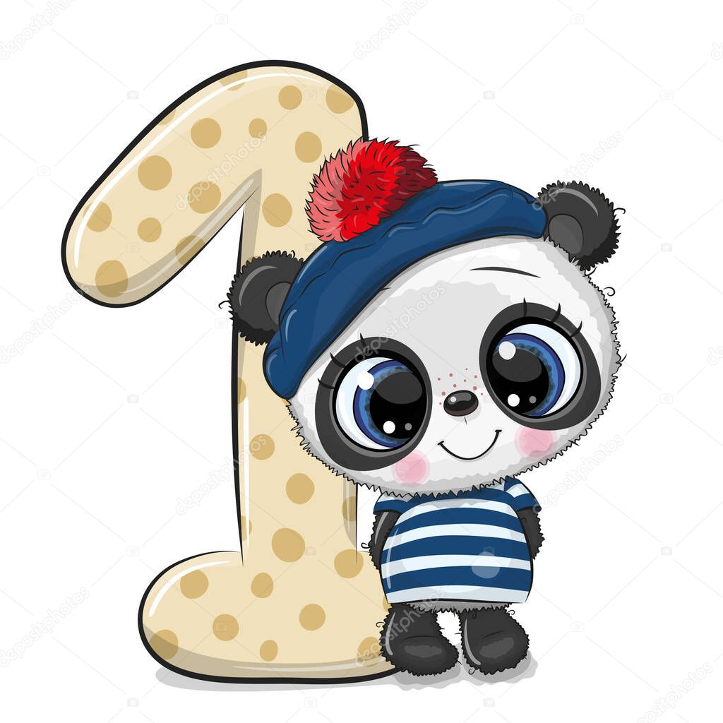 Cute Cartoon Panda and number one isolated on a white background