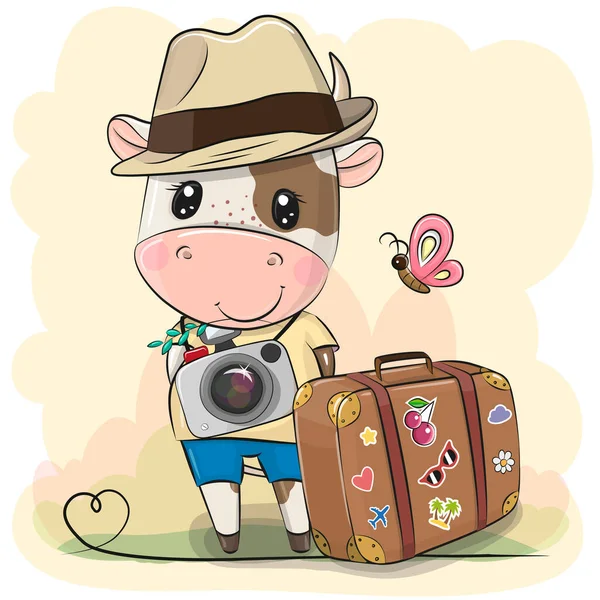 Netter Cartoon Bull Tourist Mit Hut Und Gepäck — Stockvektor
