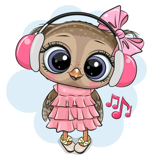 Mignon Dessin Animé Hibou Fille Avec Écouteurs Roses Sur Fond — Image vectorielle