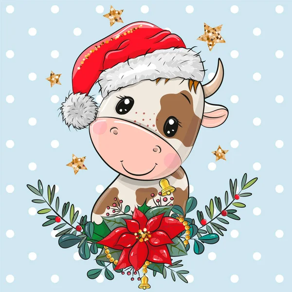 Leuke Cartoon Bull Santa Hoed Met Kerstkrans — Stockvector