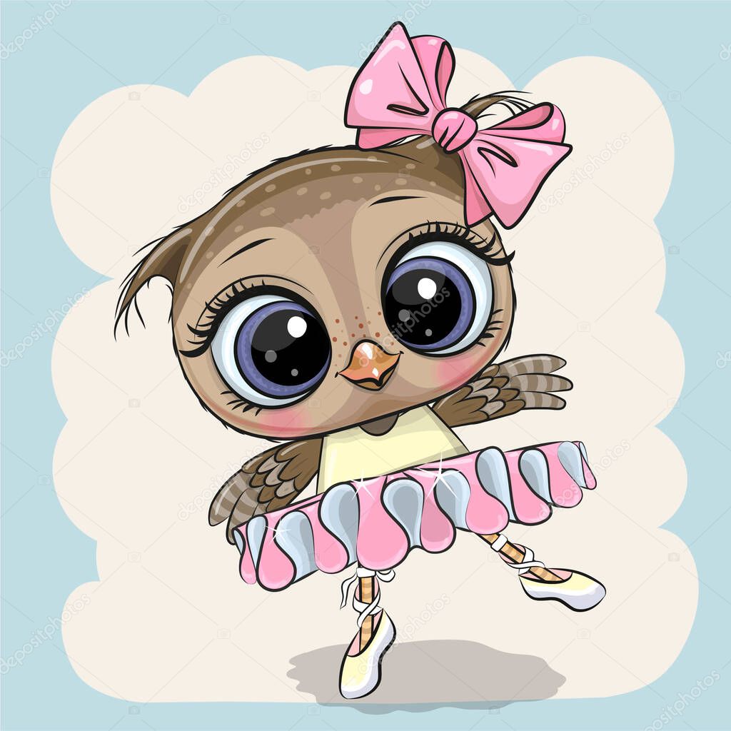 Cute Cartoon Owl Ballerina on a blue background