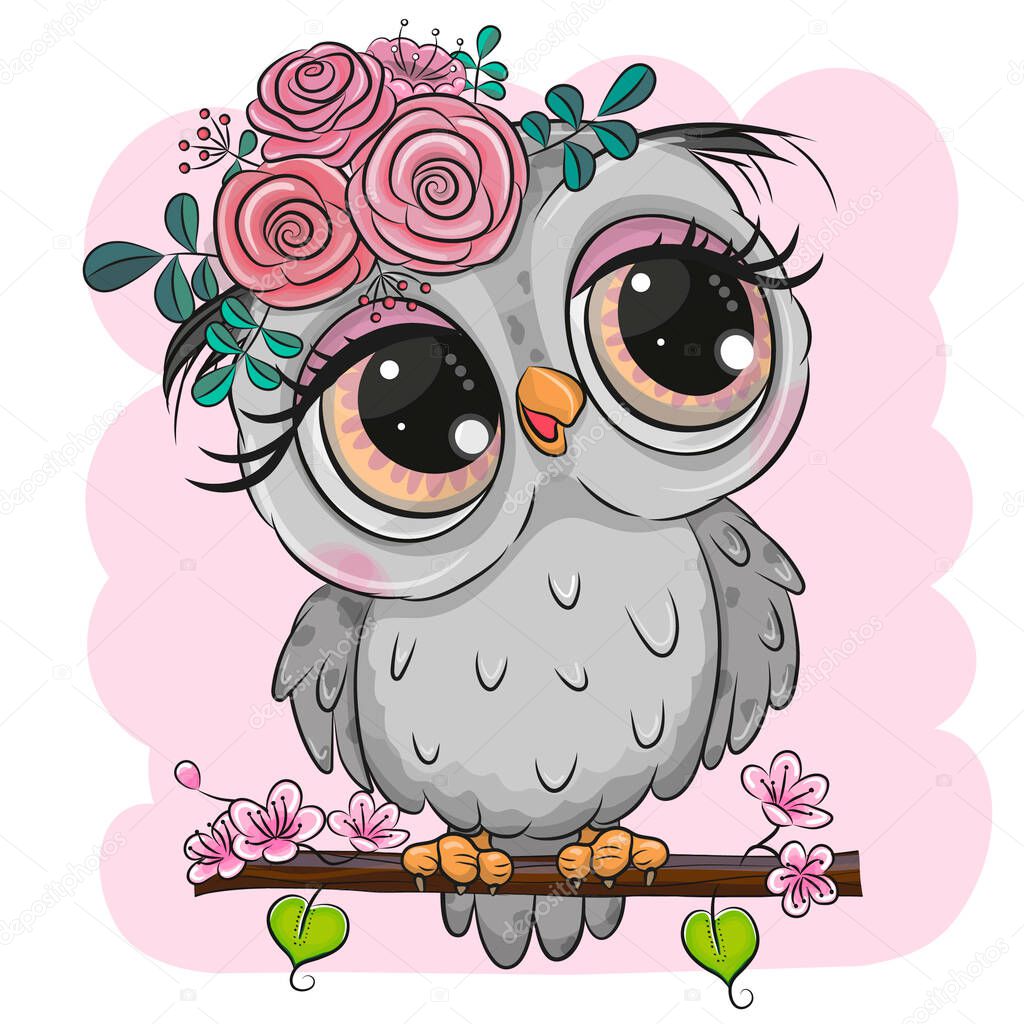 Cute Cartoon Owl with flowers is sitting on a branch
