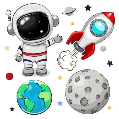 Cute Cartoon space set of astronaut, rocket and planets clipart