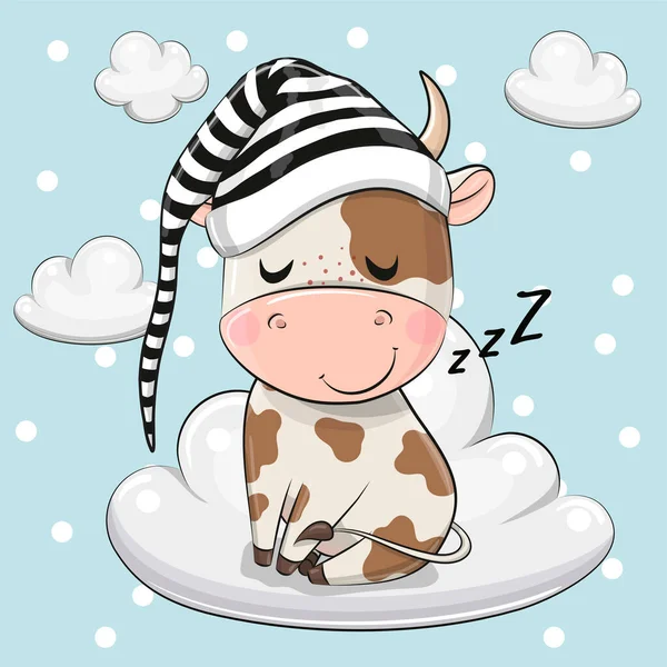 Cute Cartoon Bull Śpi Chmurze — Wektor stockowy