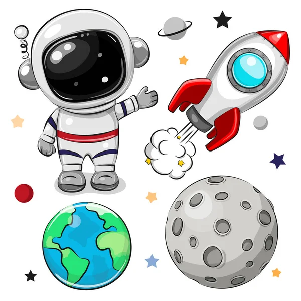 Cute Zestaw Przestrzeni Kreskówki Astronauta Rakieta Planety — Wektor stockowy