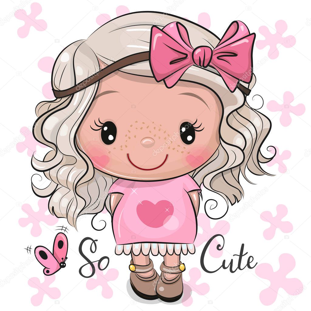 Cute Cartoon Girl in a pink dress with bow