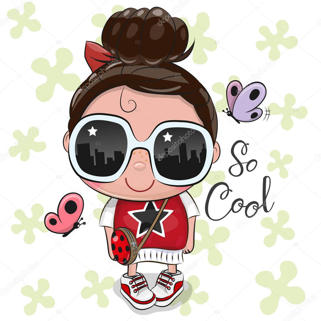 Cute Cartoon Girl in a red dress with sun glasses