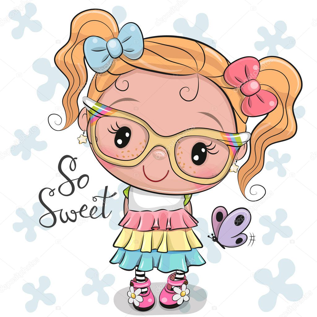 Cute Cartoon Girl in a dress with bows