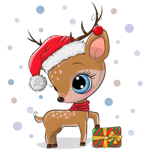 Ilustración Vectorial Lindo Ciervo Dibujos Animados Con Regalo Sombrero Santa — Vector de stock