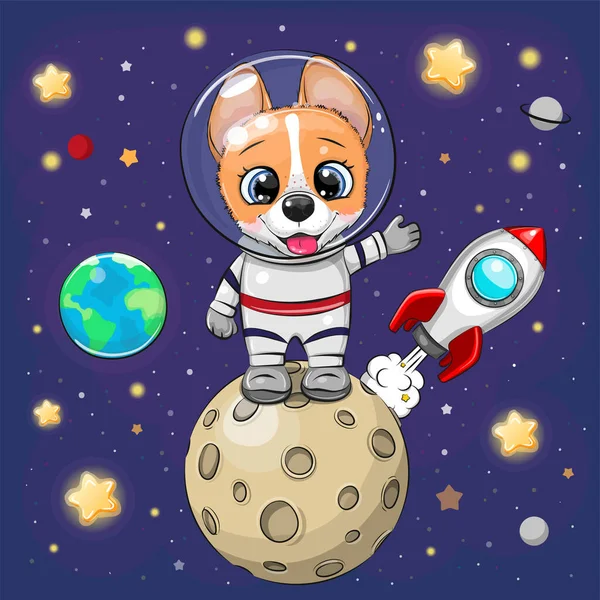 Cute Cartoon Corgi Astronauta Lua Fundo Espacial —  Vetores de Stock