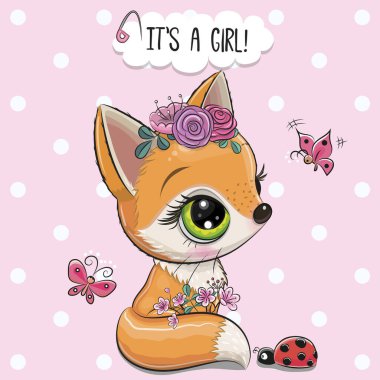Bebek partisi kartı. Pembe arka planda çiçekler ve kelebekler olan şirin Woodland Fox.