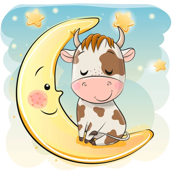 可爱的卡通牛正睡在月亮上 — 图库矢量图片