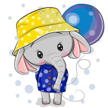 Şapkası ve balonu olan şirin bir çizgi film fili.