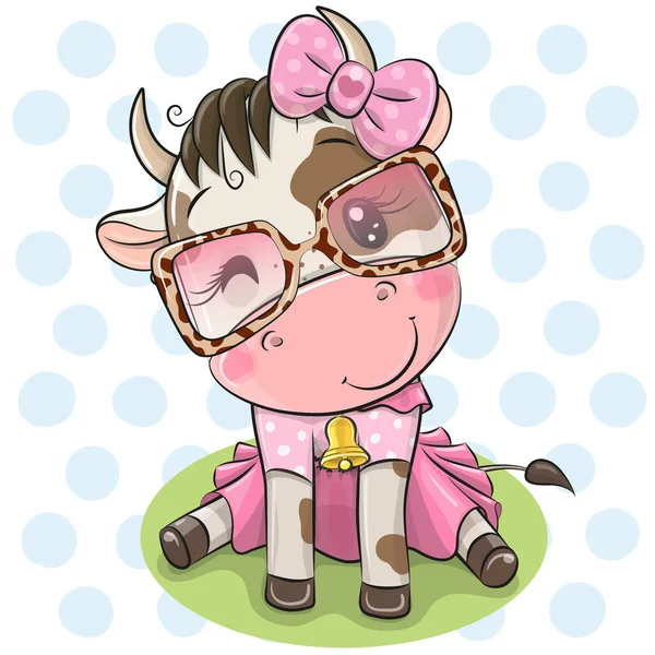 Carino Cartoon Cow Con Vestito Occhiali — Vettoriale Stock