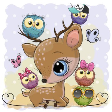 Mavi arka planda şirin Çizgi film Geyiği ve Baykuşlar