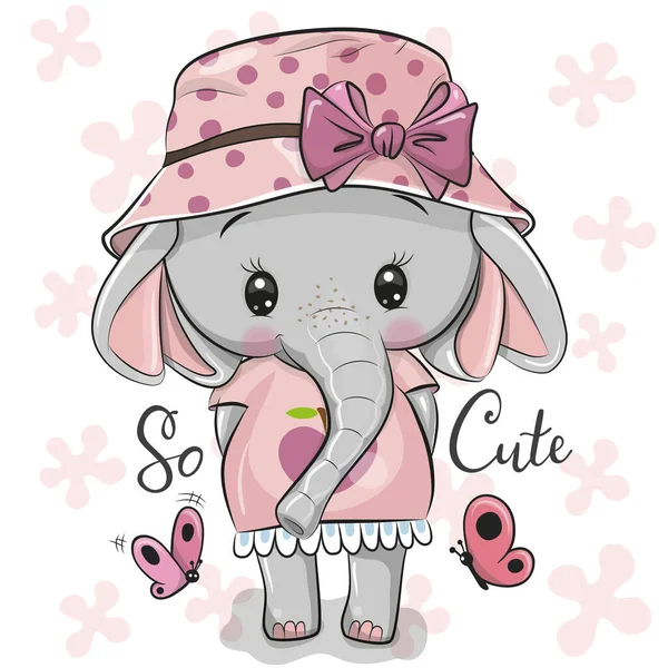 穿着粉色连衣裙 头戴帕纳马帽 头戴蝴蝶结的可爱卡通象女 — 图库矢量图片
