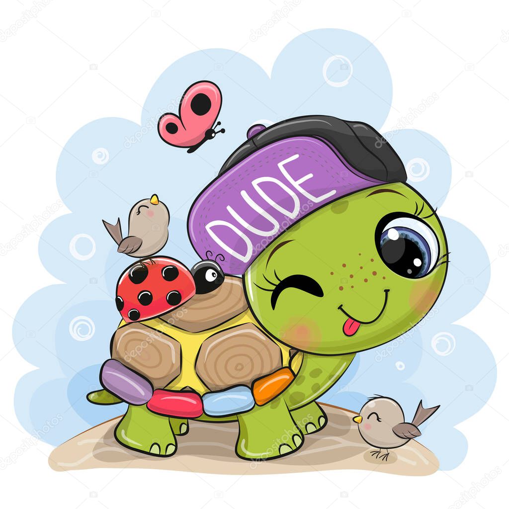 Cute Cartoon Turtle with ladybug on the meadow