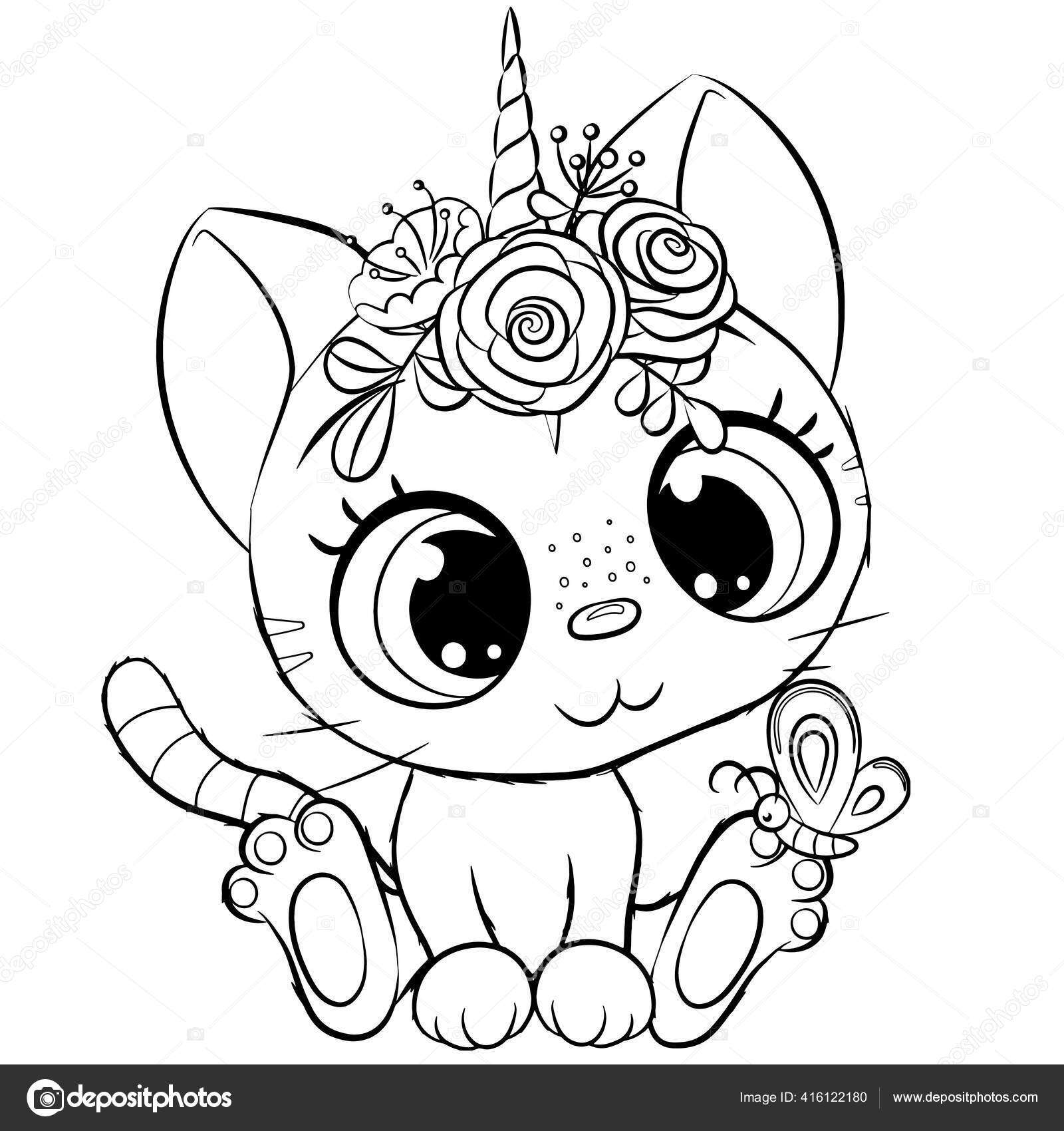 Bonito Desenho Animado Kitty Unicórnio Delineado Para Colorir Livro Isolado  imagem vetorial de Reginast777© 416122180
