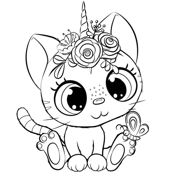 Cute Cartoon Kitty Unicornio Delineado Para Colorear Libro Aislado Sobre — Vector de stock