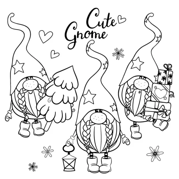 Nette Cartoon Gnomes Skizziert Für Malbuch Isoliert Auf Weißem Hintergrund — Stockvektor