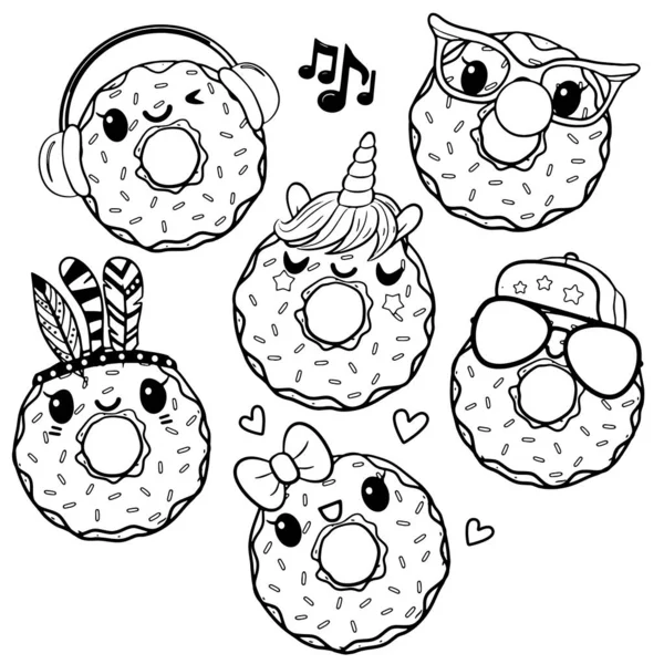 Set Donas Dibujos Animados Lindos Aislados Sobre Fondo Blanco — Vector de stock