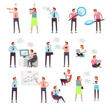 Vektör renkli resimde. Sörf Internet, sosyal ağlar ve arkadaşları, recruting insanlar için haber, arama ve bir iş arıyor online mağaza konsepti karakterler.