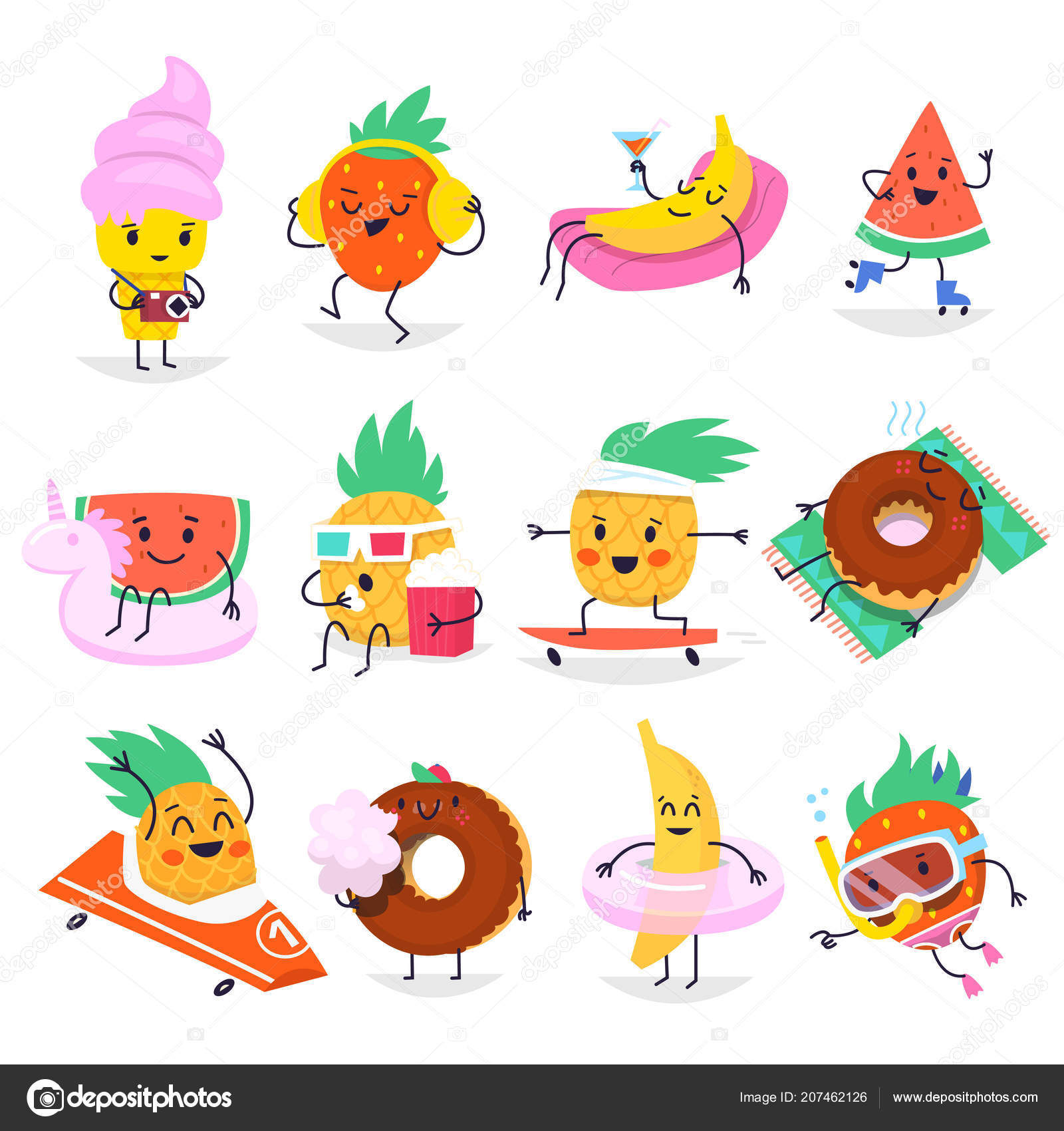 Download Cute Summer Fruit Characters Having Fun And Relaxing Vector Image By C Snegok13 Vector Stock 207462126