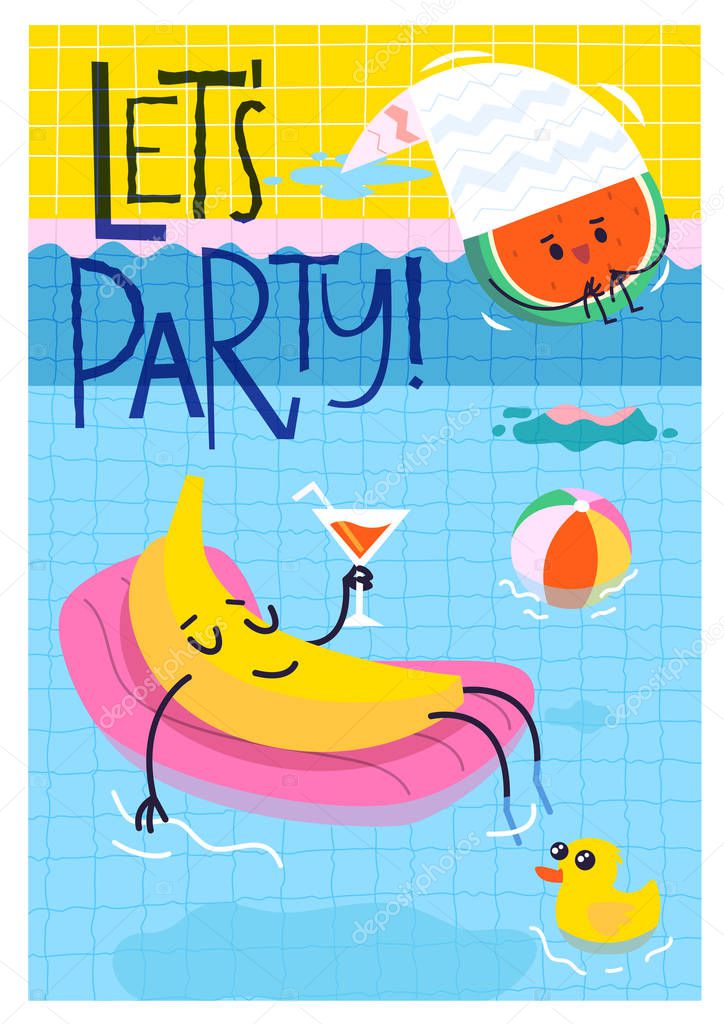Pool party poster with swimming characters on it