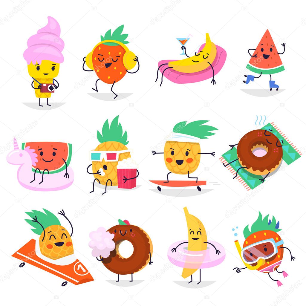 Cute summer fruit characters having fun and relaxing