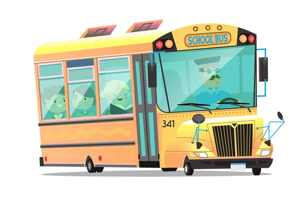 귀여운 노란 학교 버스 mustached 드라이버입니다. 보드에 아이 들 이야기와 공부. — 스톡 벡터