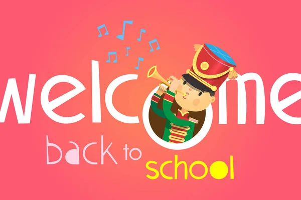 Välkommen tillbaka till skolplansch. Med en pojke som spelar på trumpet i uniform av bandet skoluniform. — Stock vektor