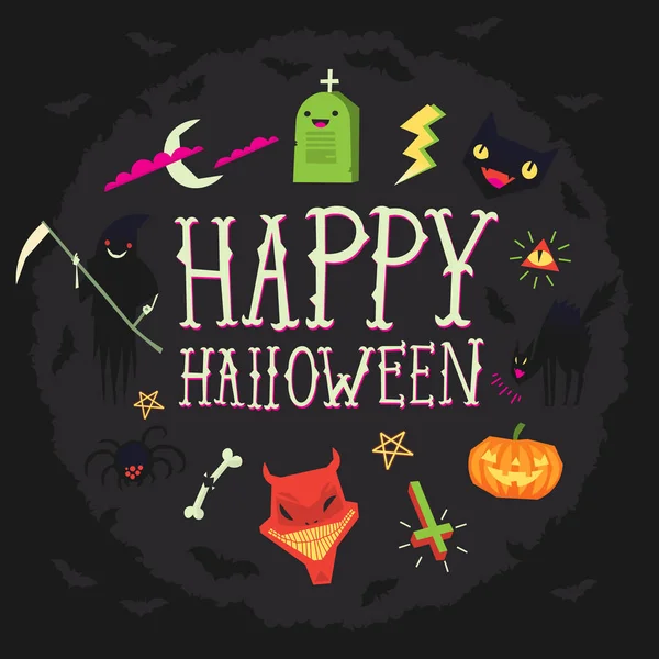 Cartel de Halloween con felices deseos de Halloween y caras espeluznantes — Archivo Imágenes Vectoriales