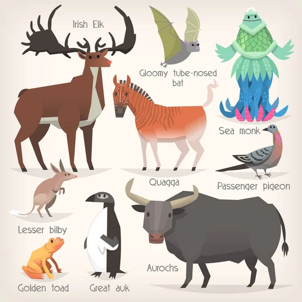 Collection Animaux Éteints Avec Noms Liste Des Mammifères Oiseaux Créatures — Image vectorielle