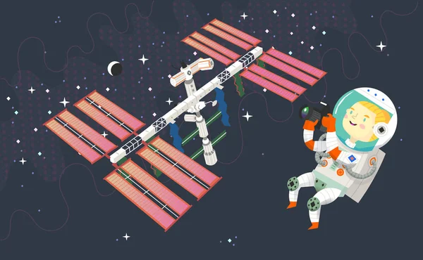 Une astronaute dans l'espace prend des photos de la station spatiale, de la lune et des constellations — Image vectorielle