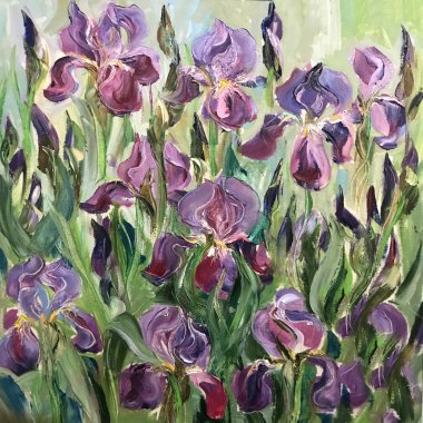 Drawing of blossom irises on a flower bed. Buds blossomed on tiny stems. Picture contains an interesting idea, evokes emotions, aesthetic pleasure. Oil natural paints. Concept art painting texture. clipart