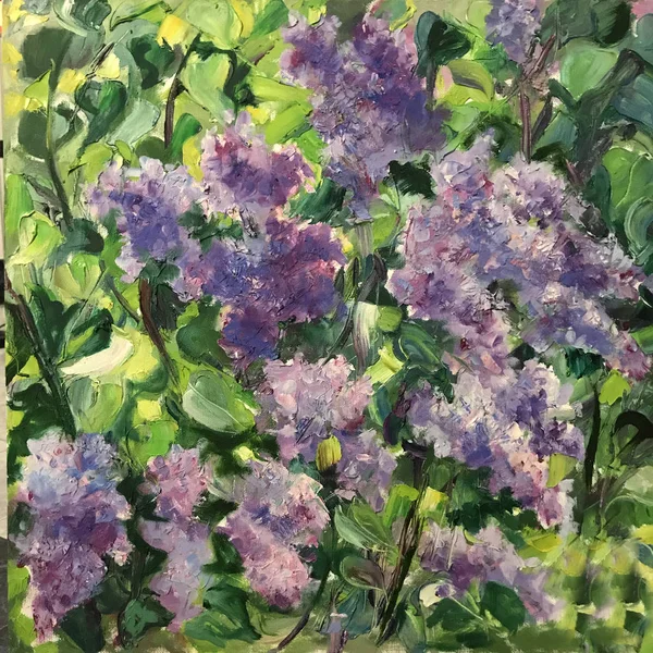 Drawing of large lilac bush, violet purple flowers on the tree, new garden. Picture contains an interesting idea, evokes emotions, aesthetic pleasure. Oil natural paints. Concept art painting textural