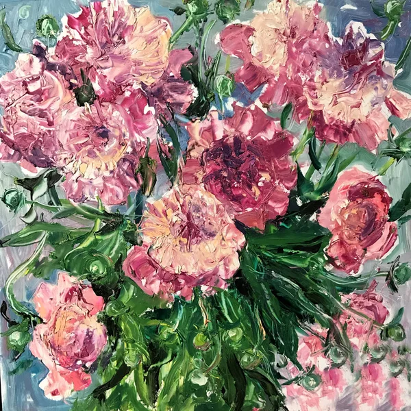 Drawing of pink peony roses flower bouquet. Picture contains an interesting idea, evokes emotions, aesthetic pleasure. Canvas stretched on a stretcher, oil natural paints. Concept art painting texture