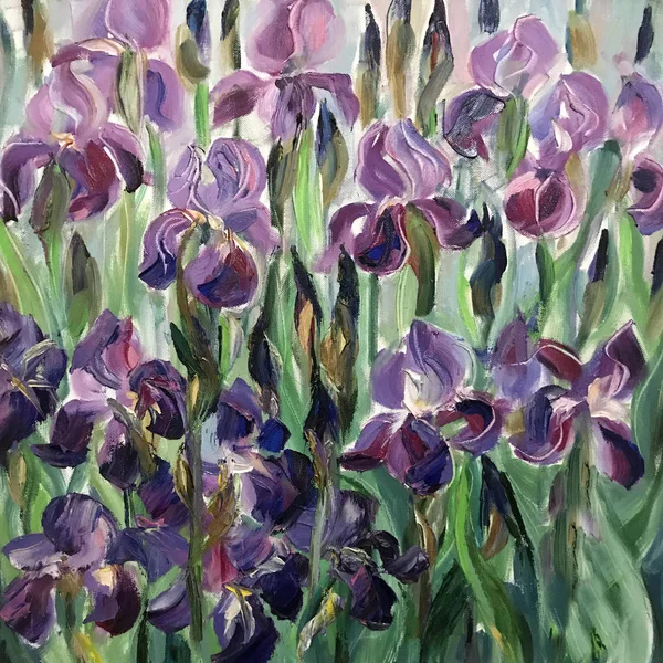 Drawing of blossom irises on a flower bed. Buds blossomed on tiny stems. Picture contains an interesting idea, evokes emotions, aesthetic pleasure. Oil natural paints. Concept art painting texture.