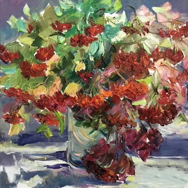 Drawing of autumn viburnum bouquet in vase, green leaves. Picture contains an interesting idea, evokes emotions, aesthetic pleasure. Oil natural paints. Concept art painting texture bright multicolour